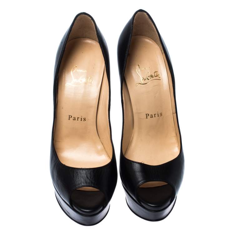 Pre Owned Christian Louboutin Black Leather Lady Peep Toe Pumps Size 36.5