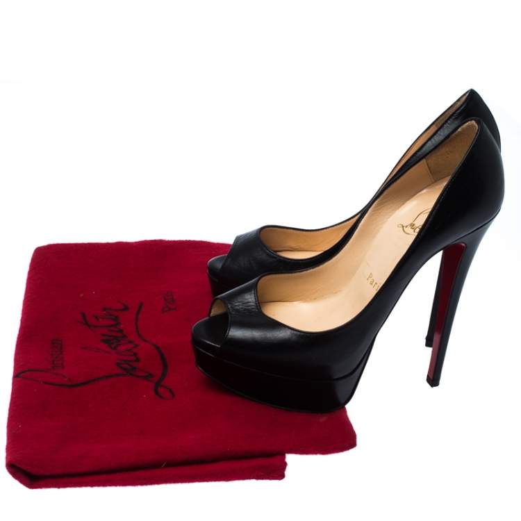 Pre Owned Christian Louboutin Black Leather Lady Peep Toe Pumps Size 36.5