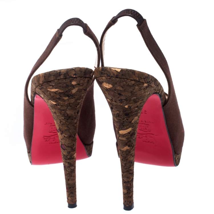 Pre Owned Christian Louboutin Brown Canvas Slingback Peep Toe Cork Platform Sandals Size 38.5