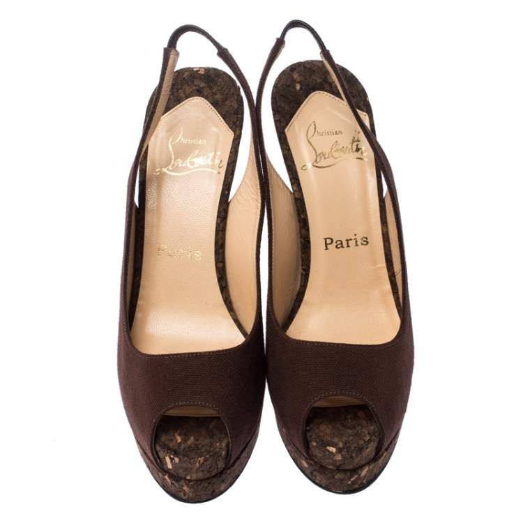 Pre Owned Christian Louboutin Brown Canvas Slingback Peep Toe Cork Platform Sandals Size 38.5