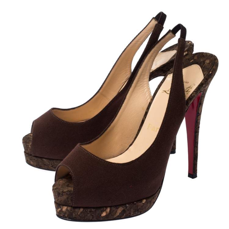 Pre Owned Christian Louboutin Brown Canvas Slingback Peep Toe Cork Platform Sandals Size 38.5