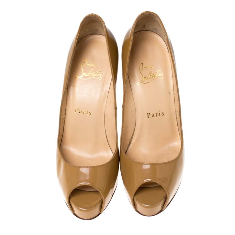 Pre Owned Christian Louboutin Nude Beige Patent Leather Peep Toe Very Prive Pump Size 36