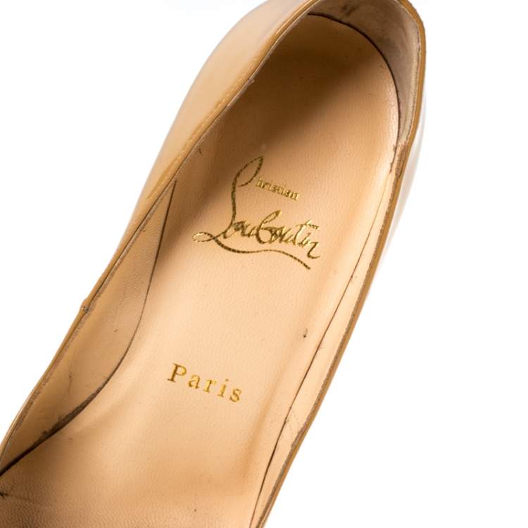 Pre Owned Christian Louboutin Nude Beige Patent Leather Peep Toe Very Prive Pump Size 36
