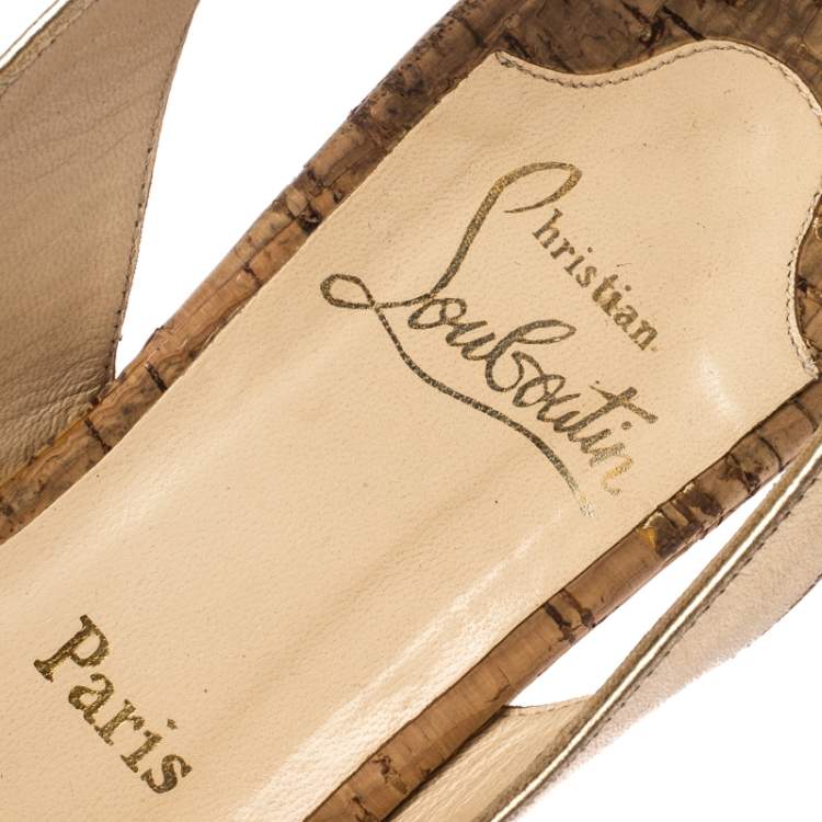 Pre Owned Christian Louboutin Metallic Gold Leather Slingback Wedge Sandals Size 41.5
