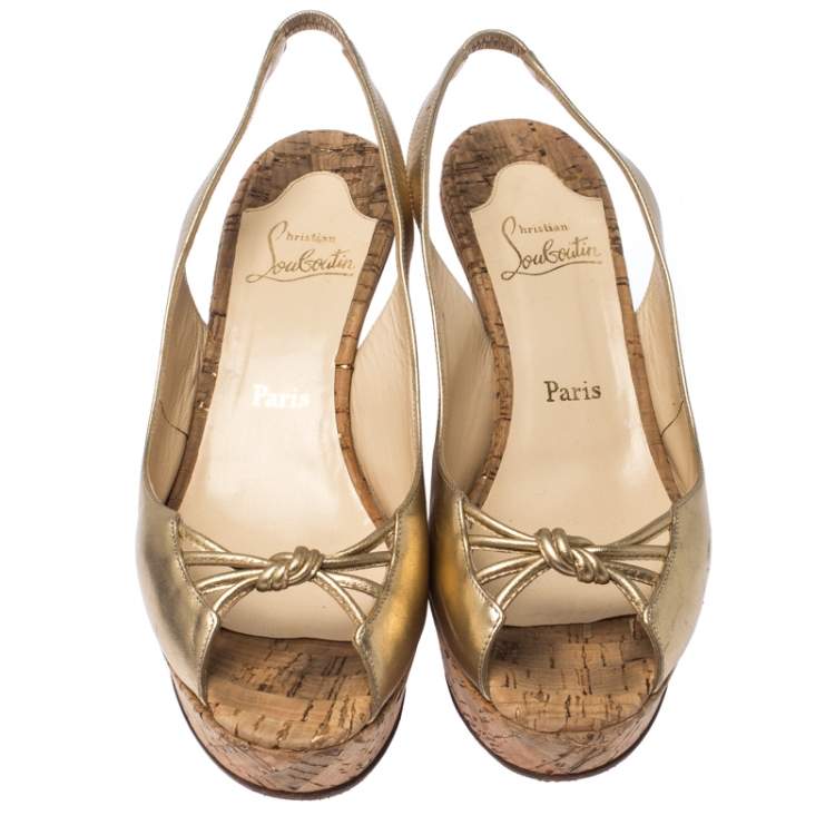 Pre Owned Christian Louboutin Metallic Gold Leather Slingback Wedge Sandals Size 41.5