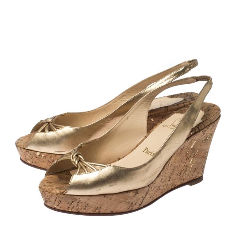 Pre Owned Christian Louboutin Metallic Gold Leather Slingback Wedge Sandals Size 41.5