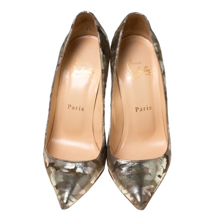Pre Owned Christian Louboutin Metallic Camouflage Print Leather Pigalle Pointed Toe Pumps Size 36.5