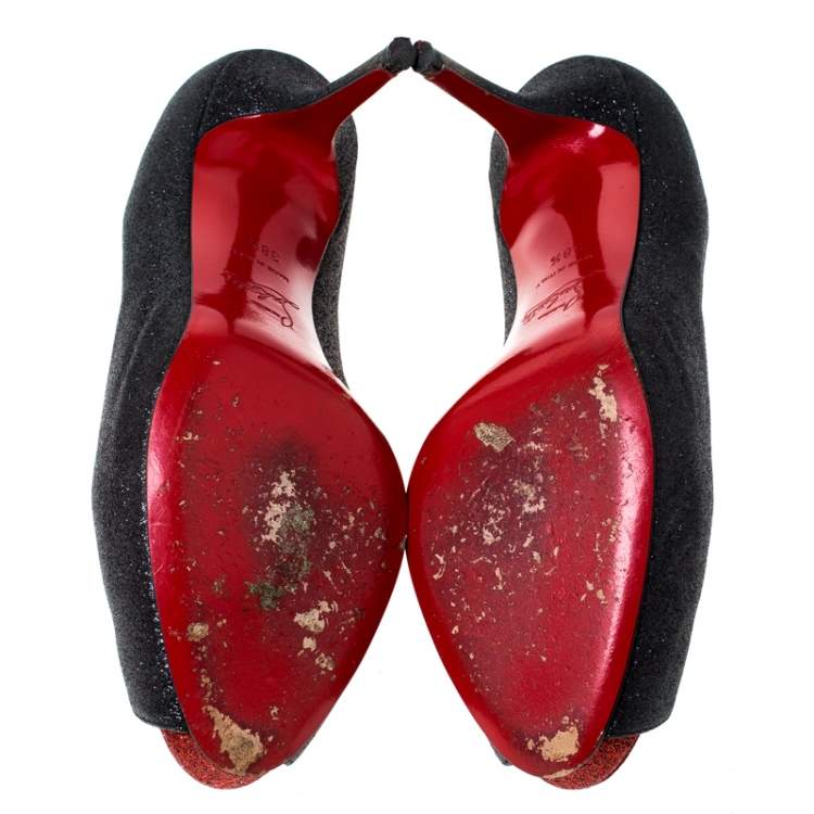 Pre Owned Christian Louboutin Black Glitter Mini Titi 120 Peep Toe Pumps Size 38.5