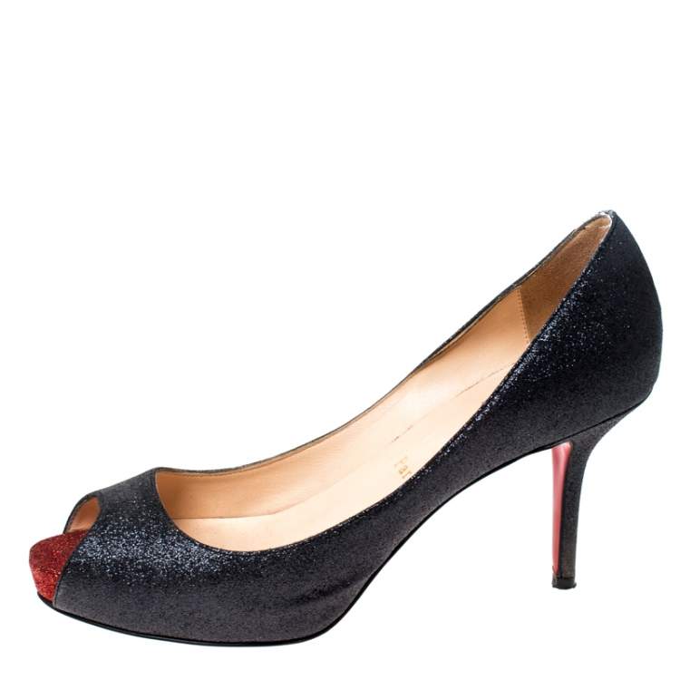 Pre Owned Christian Louboutin Black Glitter Mini Titi 120 Peep Toe Pumps Size 38.5