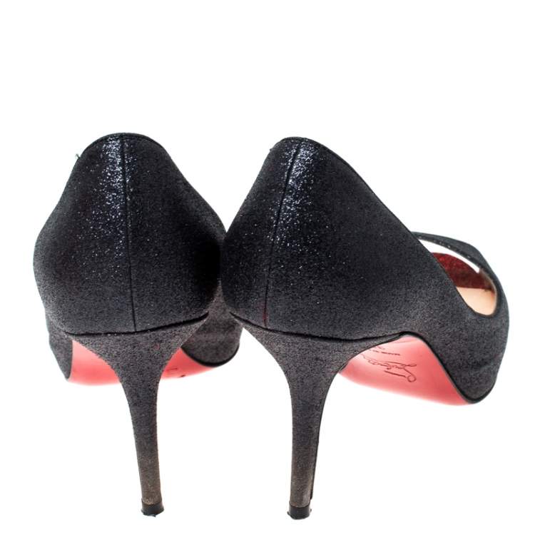 Pre Owned Christian Louboutin Black Glitter Mini Titi 120 Peep Toe Pumps Size 38.5