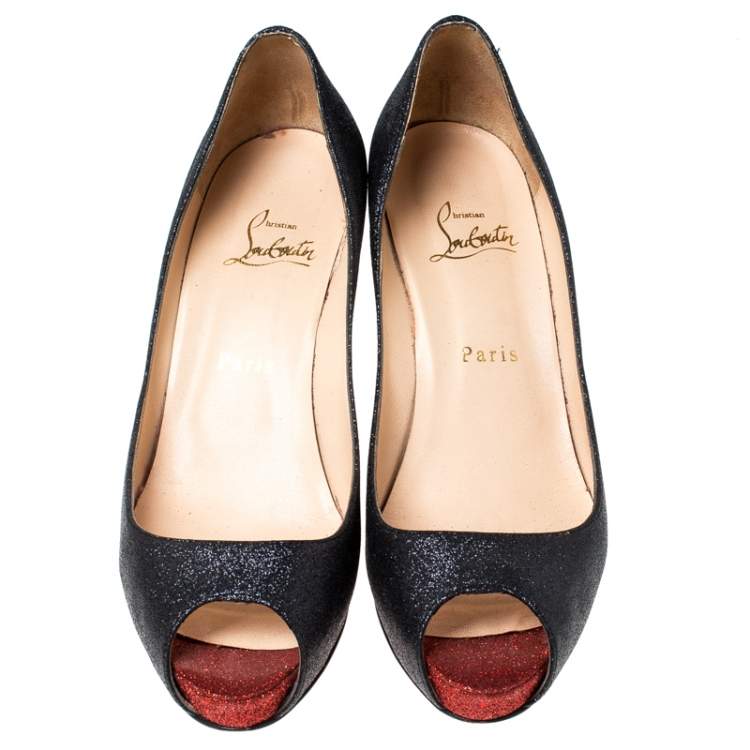 Pre Owned Christian Louboutin Black Glitter Mini Titi 120 Peep Toe Pumps Size 38.5