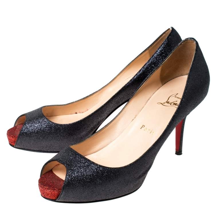 Pre Owned Christian Louboutin Black Glitter Mini Titi 120 Peep Toe Pumps Size 38.5