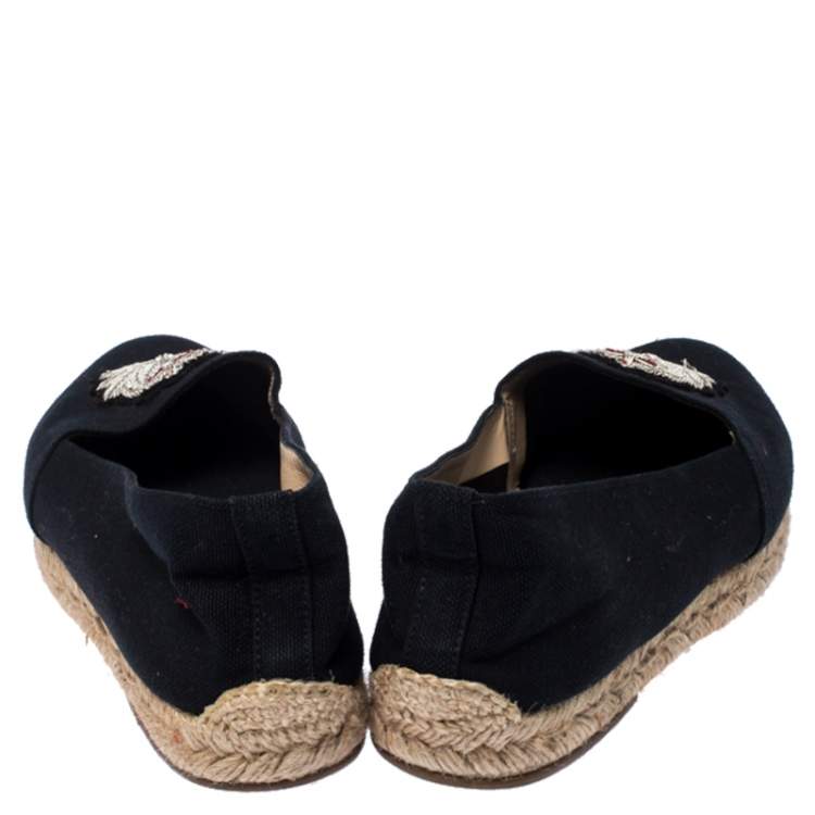 Pre Owned Christian Louboutin Navy Blue Canvas Gala Embroidered Crest Espadrille Loafers Size 39