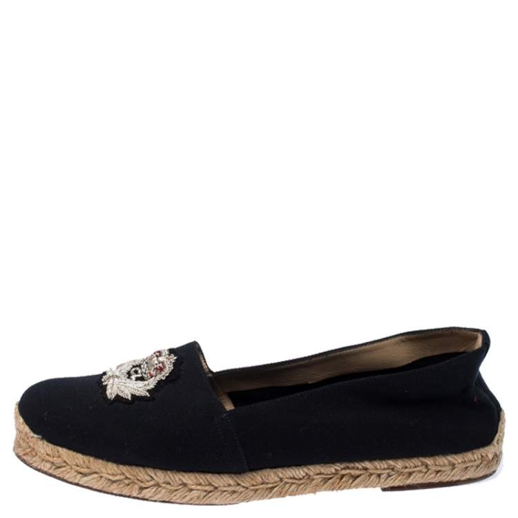 Pre Owned Christian Louboutin Navy Blue Canvas Gala Embroidered Crest Espadrille Loafers Size 39