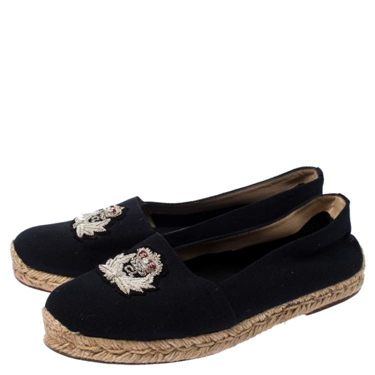 Pre Owned Christian Louboutin Navy Blue Canvas Gala Embroidered Crest Espadrille Loafers Size 39