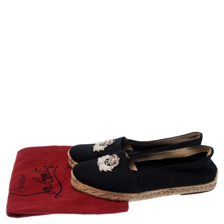 Pre Owned Christian Louboutin Navy Blue Canvas Gala Embroidered Crest Espadrille Loafers Size 39