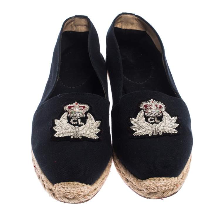 Pre Owned Christian Louboutin Navy Blue Canvas Gala Embroidered Crest Espadrille Loafers Size 39