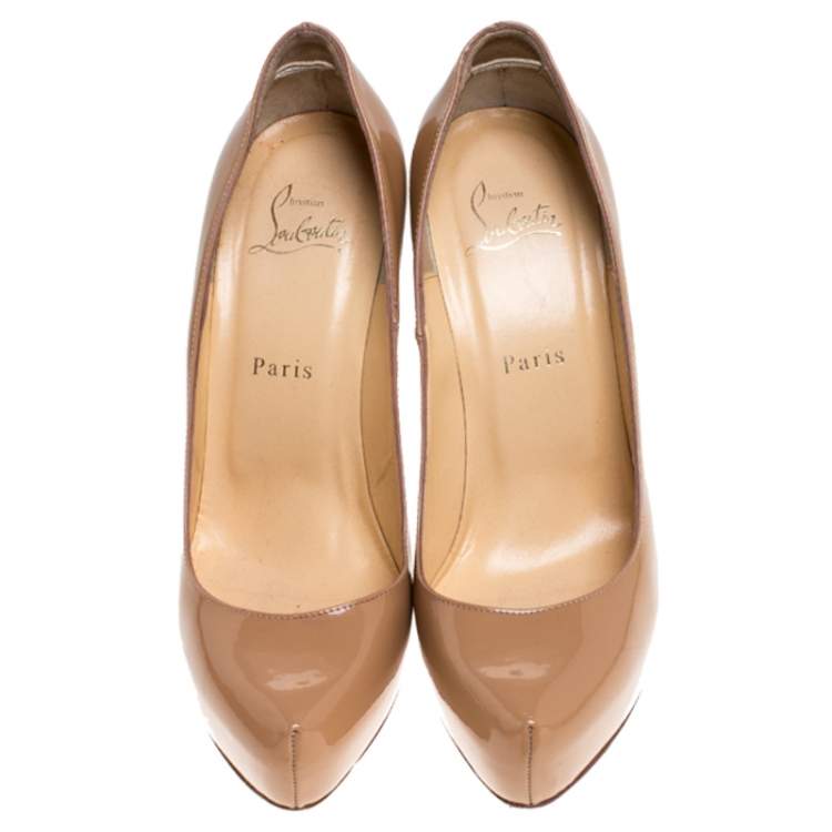 Pre Owned Christian Louboutin Beige Patent Leather Rolando Hidden Platform Pumps Size 38.5