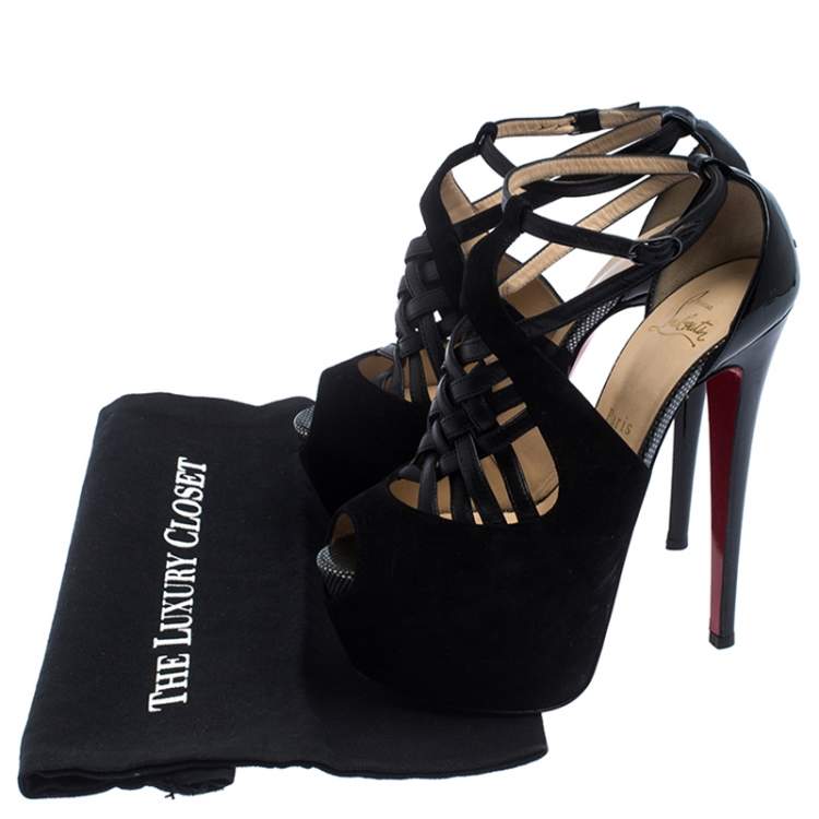 Pre Owned Christian Louboutin Black Patent Leather and Suede Carlota Platform Ankle Strap Sandals Size 37.5