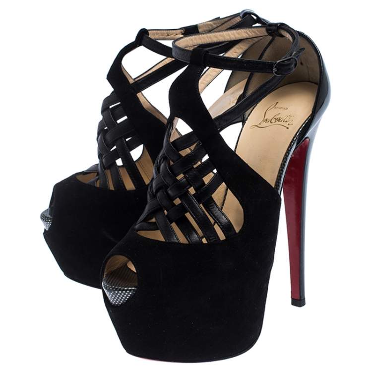 Pre Owned Christian Louboutin Black Patent Leather and Suede Carlota Platform Ankle Strap Sandals Size 37.5