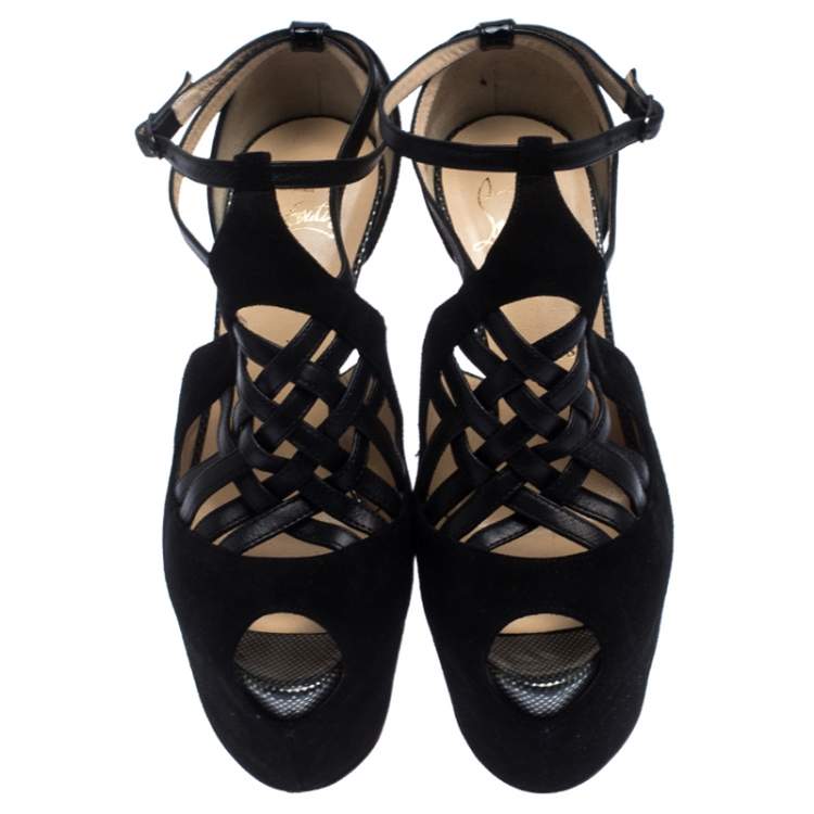 Pre Owned Christian Louboutin Black Patent Leather and Suede Carlota Platform Ankle Strap Sandals Size 37.5