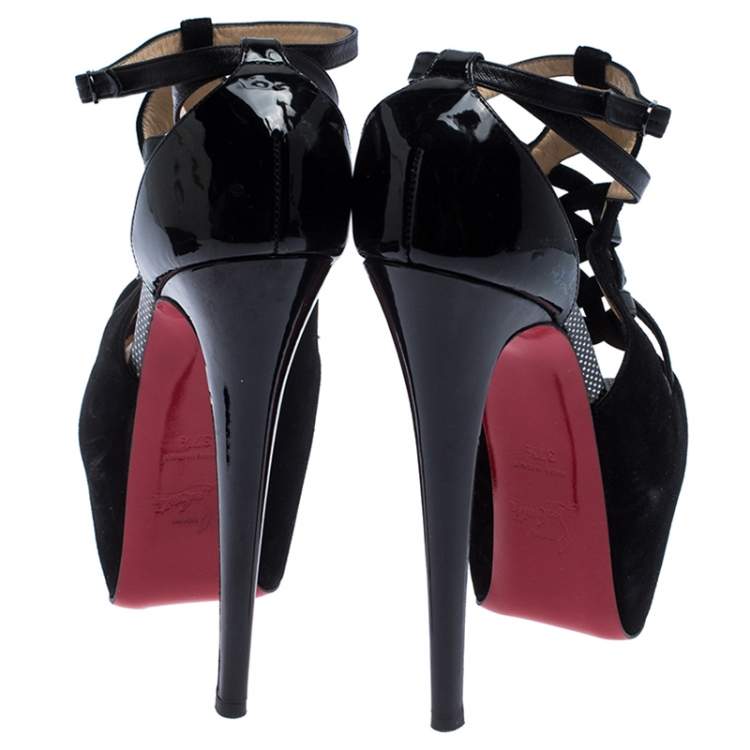 Pre Owned Christian Louboutin Black Patent Leather and Suede Carlota Platform Ankle Strap Sandals Size 37.5