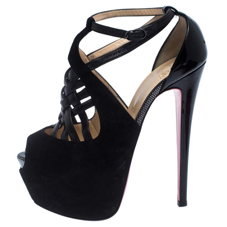 Pre Owned Christian Louboutin Black Patent Leather and Suede Carlota Platform Ankle Strap Sandals Size 37.5