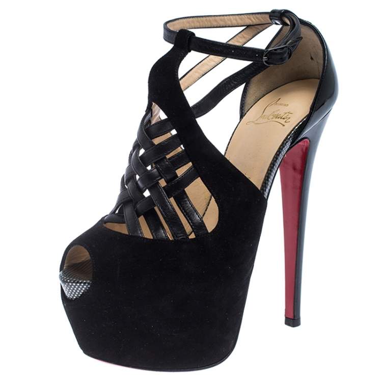 Pre Owned Christian Louboutin Black Patent Leather and Suede Carlota Platform Ankle Strap Sandals Size 37.5
