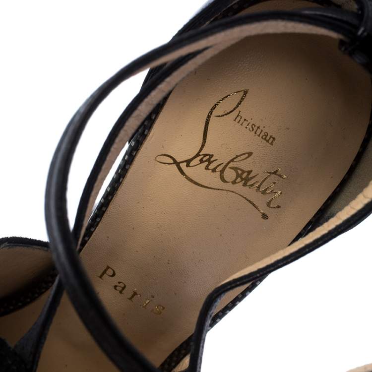 Pre Owned Christian Louboutin Black Patent Leather and Suede Carlota Platform Ankle Strap Sandals Size 37.5