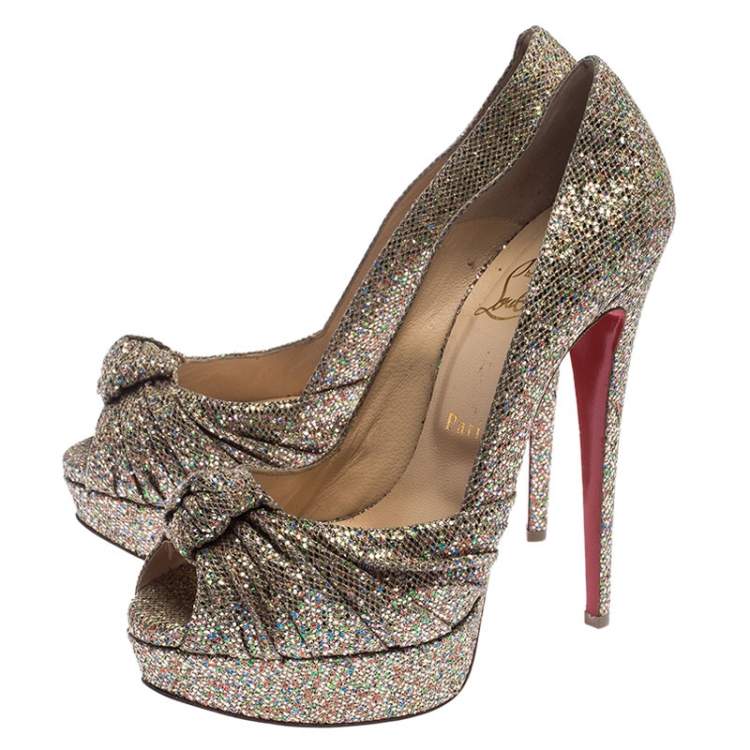 Pre Owned Christian Louboutin Metallic Gold Glitter Fabric Knotted Peep Toe Pumps Size 39