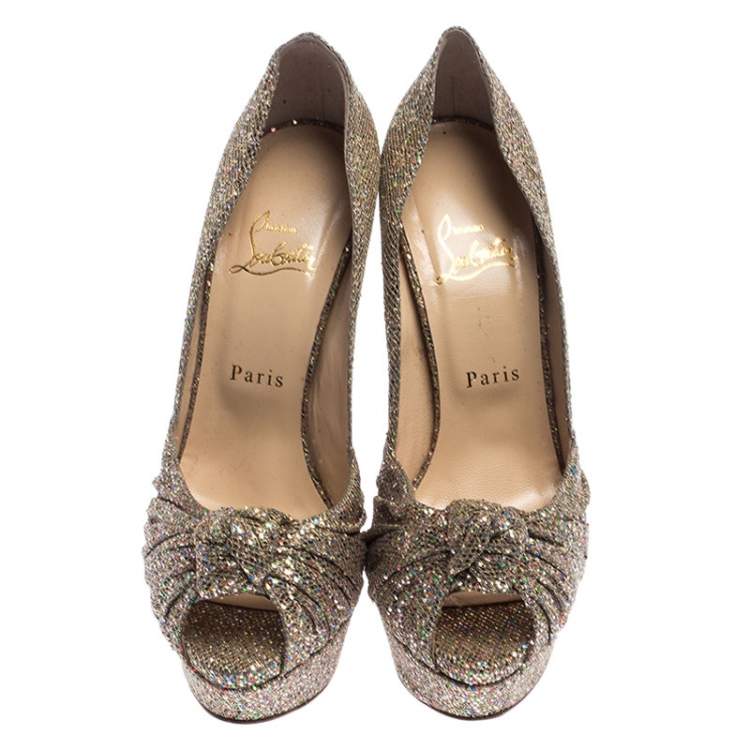 Pre Owned Christian Louboutin Metallic Gold Glitter Fabric Knotted Peep Toe Pumps Size 39