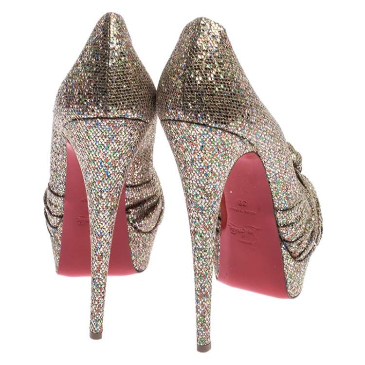 Pre Owned Christian Louboutin Metallic Gold Glitter Fabric Knotted Peep Toe Pumps Size 39