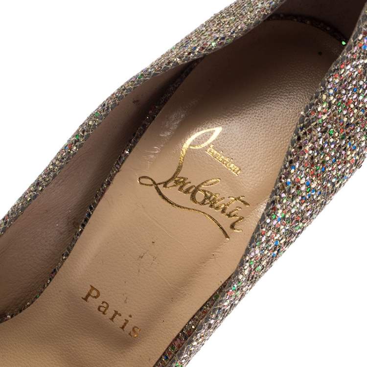 Pre Owned Christian Louboutin Metallic Gold Glitter Fabric Knotted Peep Toe Pumps Size 39