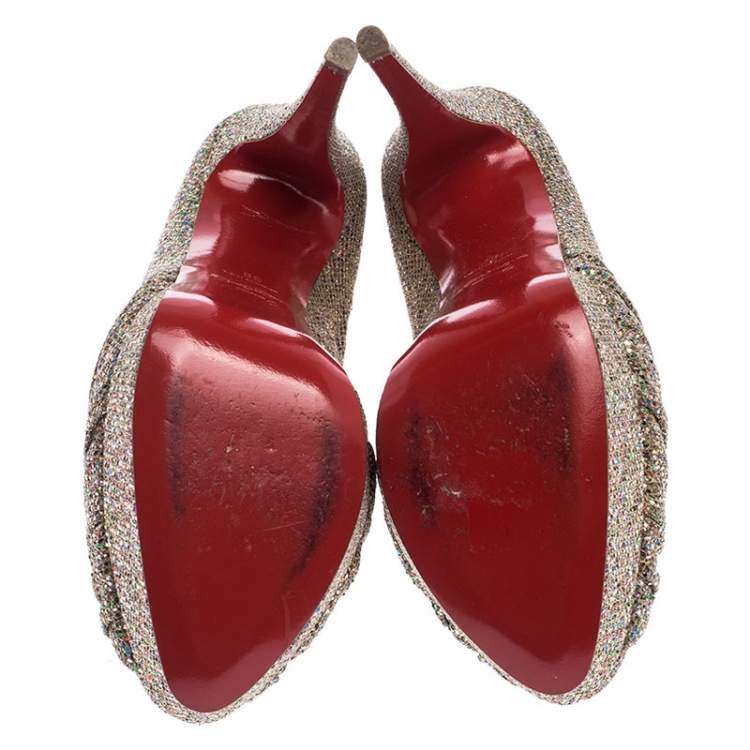 Pre Owned Christian Louboutin Metallic Gold Glitter Fabric Knotted Peep Toe Pumps Size 39