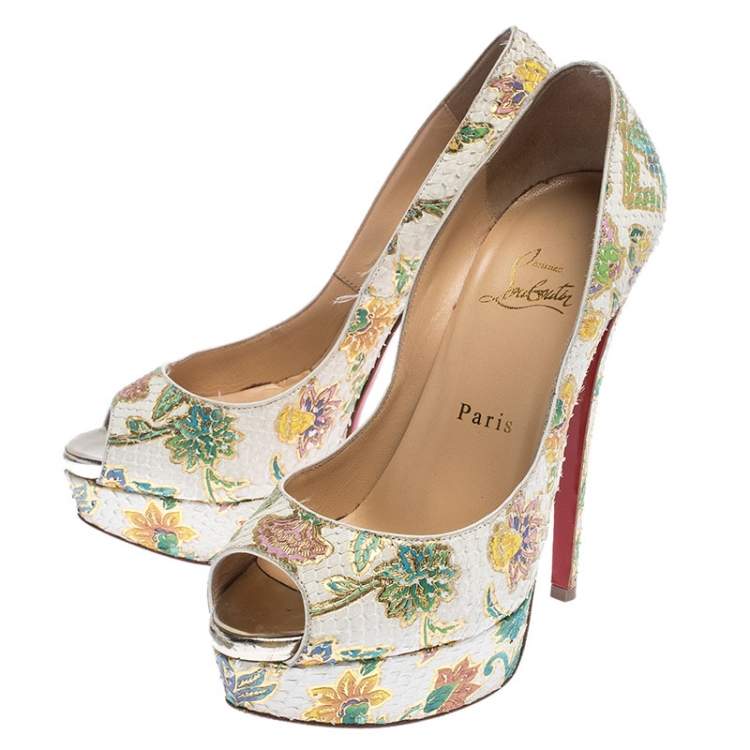 Pre Owned Christian Louboutin Multicolor Floral Print Python Lady Peep Toe Platform Pumps Size 37