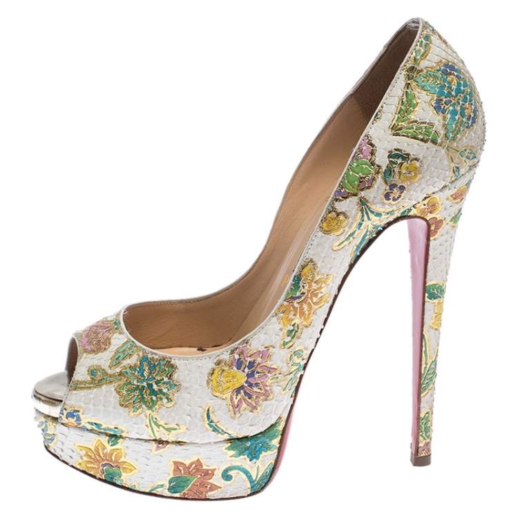 Pre Owned Christian Louboutin Multicolor Floral Print Python Lady Peep Toe Platform Pumps Size 37
