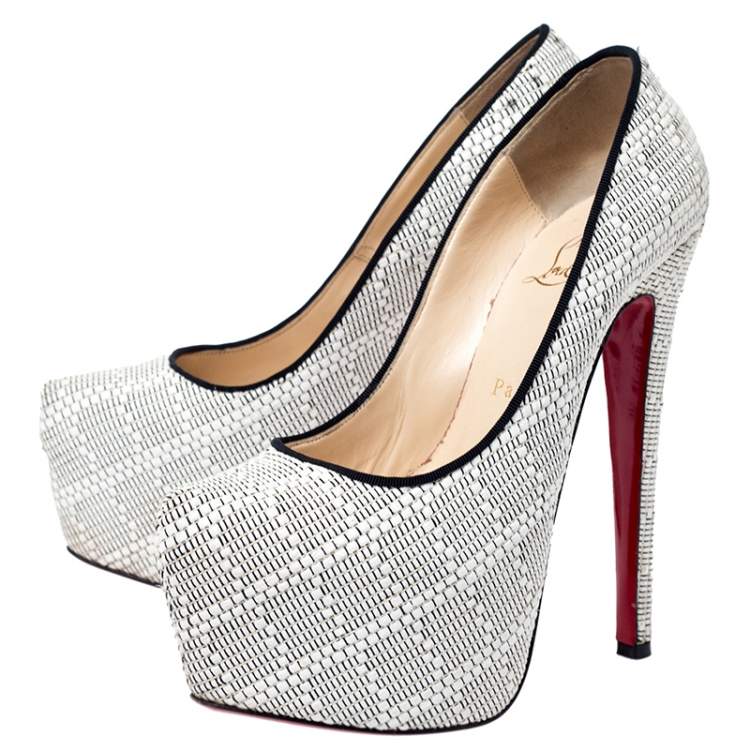 Pre Owned Christian Louboutin White/Black Raffia Daffodile Platform Pumps Size 37