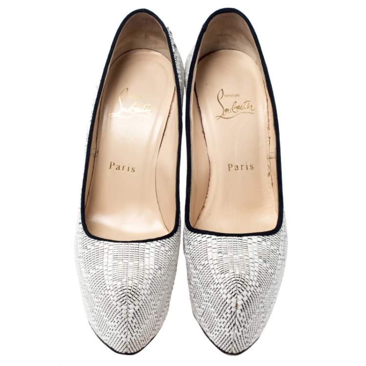 Pre Owned Christian Louboutin White/Black Raffia Daffodile Platform Pumps Size 37