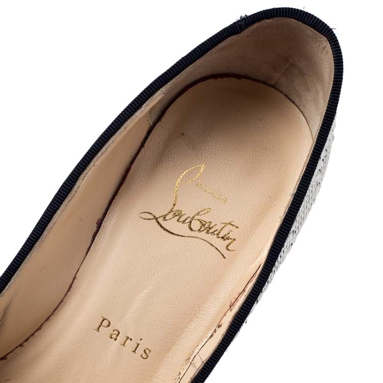 Pre Owned Christian Louboutin White/Black Raffia Daffodile Platform Pumps Size 37