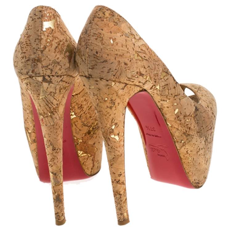 Pre Owned Christian Louboutin Beige Cork Highness Peep Toe Platform Pumps Size 37.5