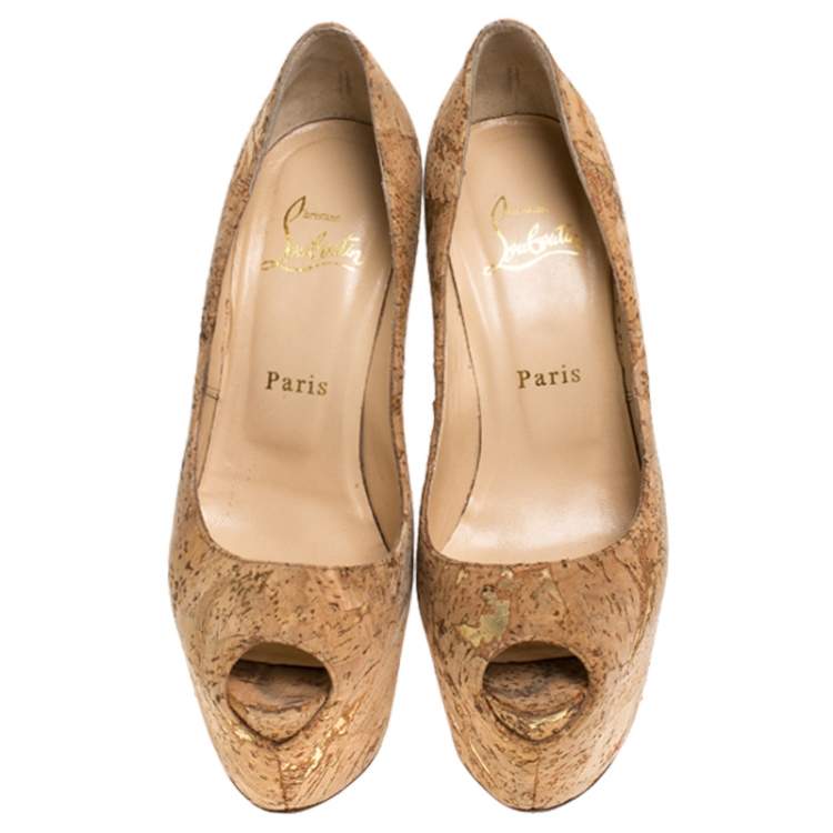 Pre Owned Christian Louboutin Beige Cork Highness Peep Toe Platform Pumps Size 37.5