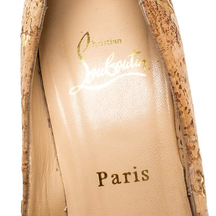 Pre Owned Christian Louboutin Beige Cork Highness Peep Toe Platform Pumps Size 37.5