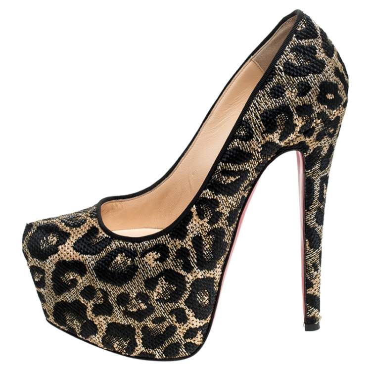 Pre Owned Christian Louboutin Two Tone Leopard Weave Raffia Daffodile Platform Pumps Size 37.5