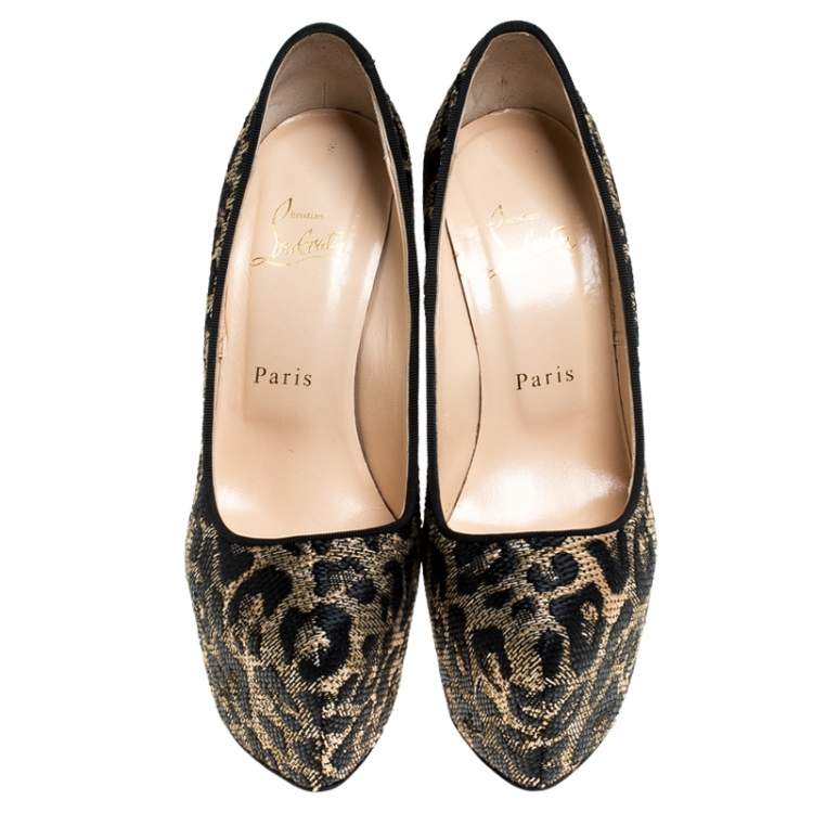 Pre Owned Christian Louboutin Two Tone Leopard Weave Raffia Daffodile Platform Pumps Size 37.5