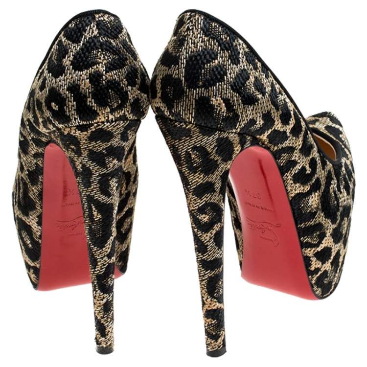 Pre Owned Christian Louboutin Two Tone Leopard Weave Raffia Daffodile Platform Pumps Size 37.5