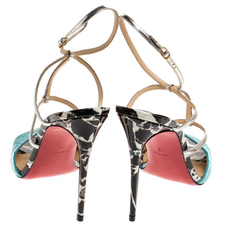 Pre Owned Christian Louboutin Multicolor Python and Patent Leather Open Toe Ankle Strap Size 40