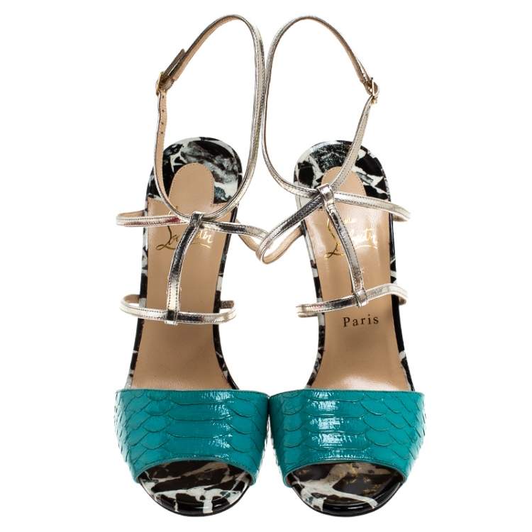 Pre Owned Christian Louboutin Multicolor Python and Patent Leather Open Toe Ankle Strap Size 40