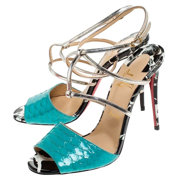 Pre Owned Christian Louboutin Multicolor Python and Patent Leather Open Toe Ankle Strap Size 40