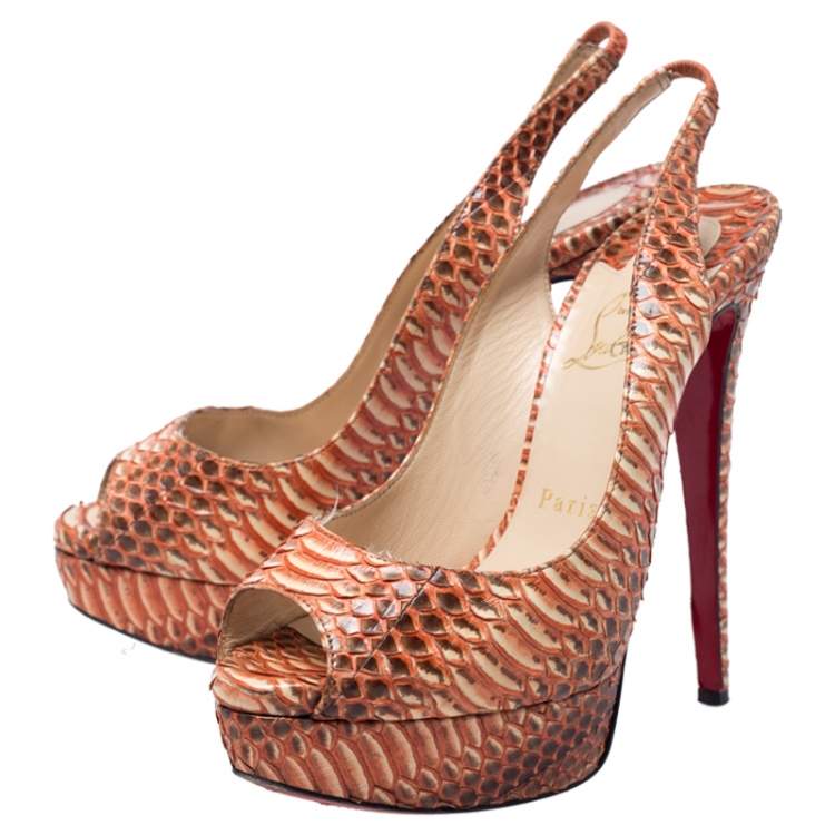 Pre Owned Christian Louboutin Orange Water Snake Slingback Peep Toe Platform Sandals Size 37
