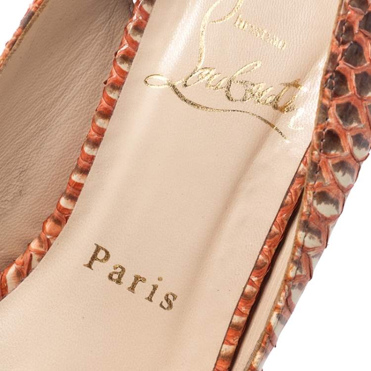 Pre Owned Christian Louboutin Orange Water Snake Slingback Peep Toe Platform Sandals Size 37
